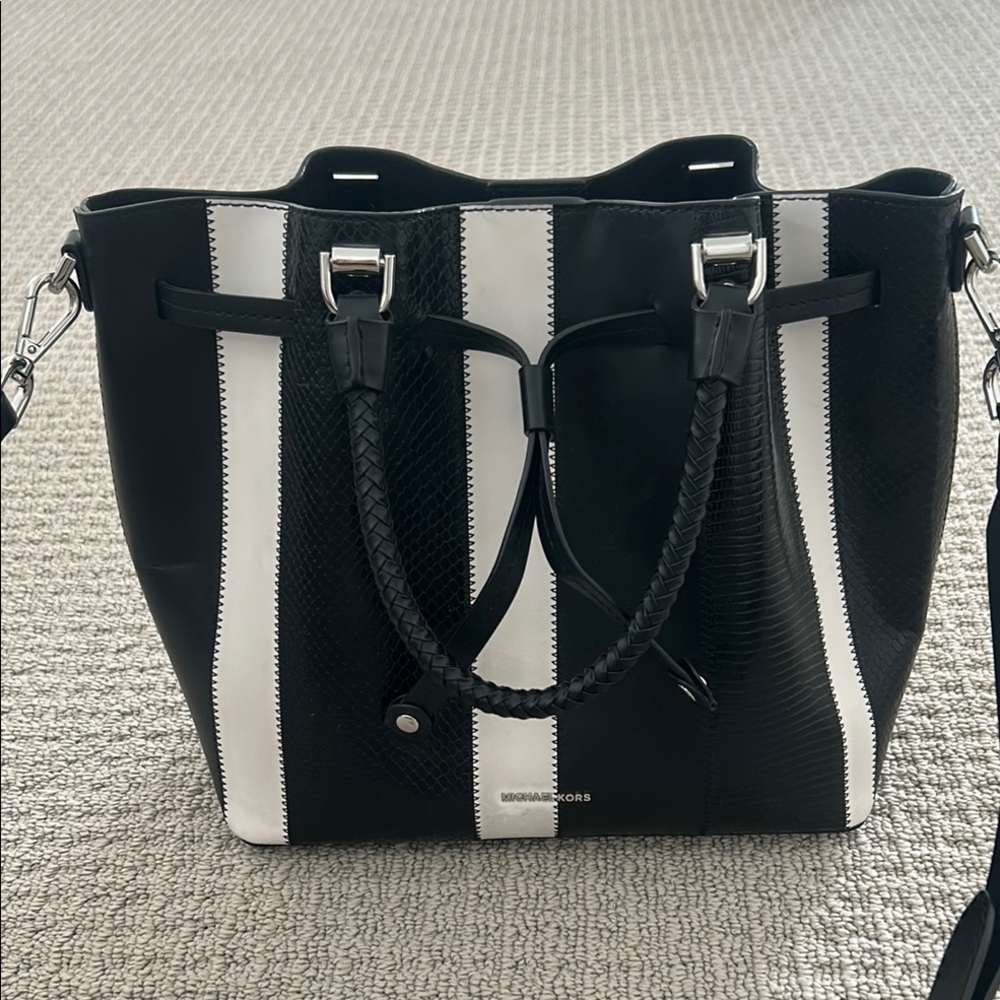 Michael Kors Black and White Tote Bag with Bold Stripes